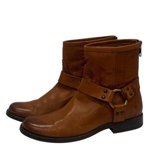 Frye Phillip Harness Ankle Boots Womens 6 Cognac Leather Back Zip Moto Classic
